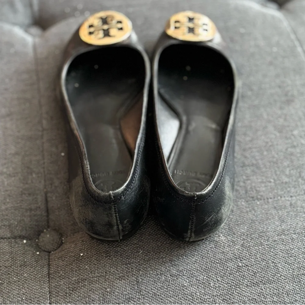 Tory Burch Black Leather Logo Cap-Toe Flats with Gold Emblem